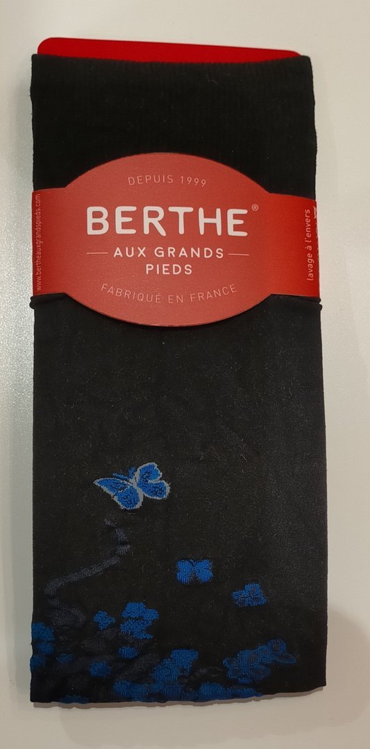 Mi-bas Berthe Aux Grands Pieds, motif Papillon, coloris noir/bleu